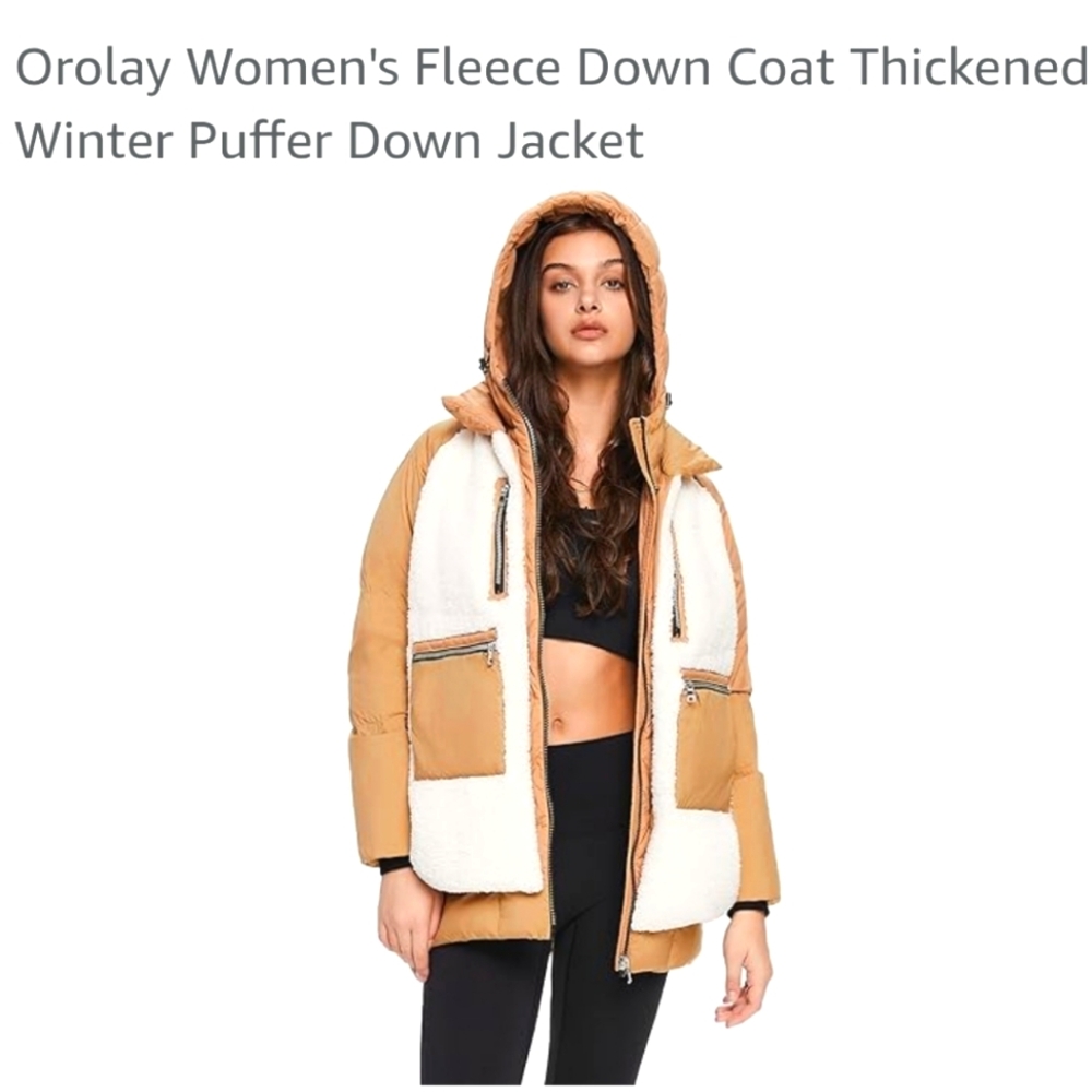 OLAY Women's Tan and White Fleece Down Coat Small